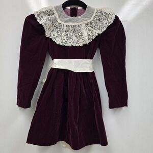 Vintage Sarah Kent Girls Sz 7 Victorian Style Dress Burgundy Ivory Belted Velvet